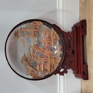 Vintage Asian Hand Carved Cork Diorama With Cranes in Display Case